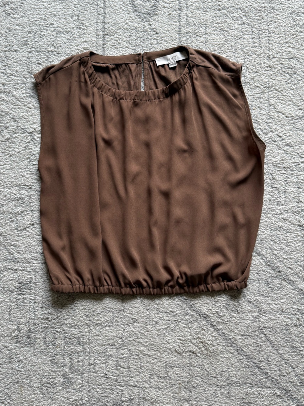 LOFT Small Petite Chocolate Brown Bubble Hem Mixed Media Top